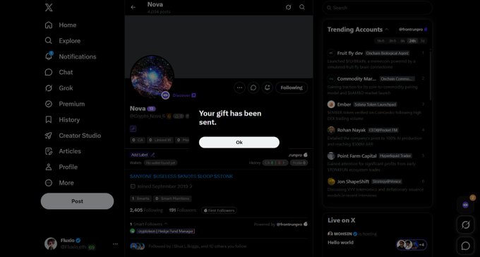 A screenshot of the X (formerly Twitter) platform displaying a 'Your gift has been sent.' confirmation pop-up on the Nova profile page.