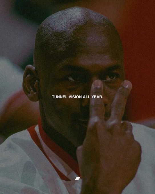 A determined-looking man in a red and white jersey holds two fingers near his eye, with the text "TUNNEL VISION ALL YEAR." overlaid across his face — visually reinforcing the caption's message about staying focused on "onchaining" rather than getting distracted by posting.