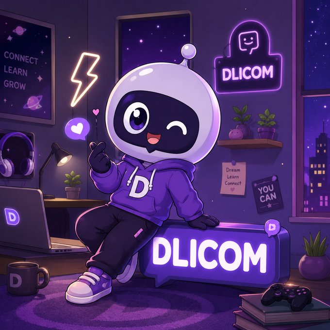 The image features a cartoon robot wearing a purple hoodie with "DICOM" written on it, sitting next to a laptop computer. The background of the image shows a city skyline at night, creating a contrast between the digital world represented by the robot and the physical environment depicted in the scene. The post about DLICOM emphasizes the importance of community and collaboration, as well as the potential for learning and growth through shared experiences on platforms like Web3.