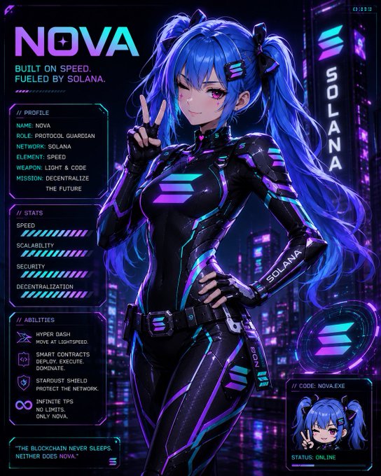 A stylized anime-style character banner for the Solana blockchain, featuring a blue-haired cyber guardian named "NOVA" in futuristic gear, alongside her stats (Speed, Scalability, Security, Decentralization) and abilities like "Hyper Dash" and "Smart Contracts." The post appears unrelated, as the image prominently promotes Solana ($SOL) rather than $SOBAT, suggesting the creator may have been deciding between banner designs.