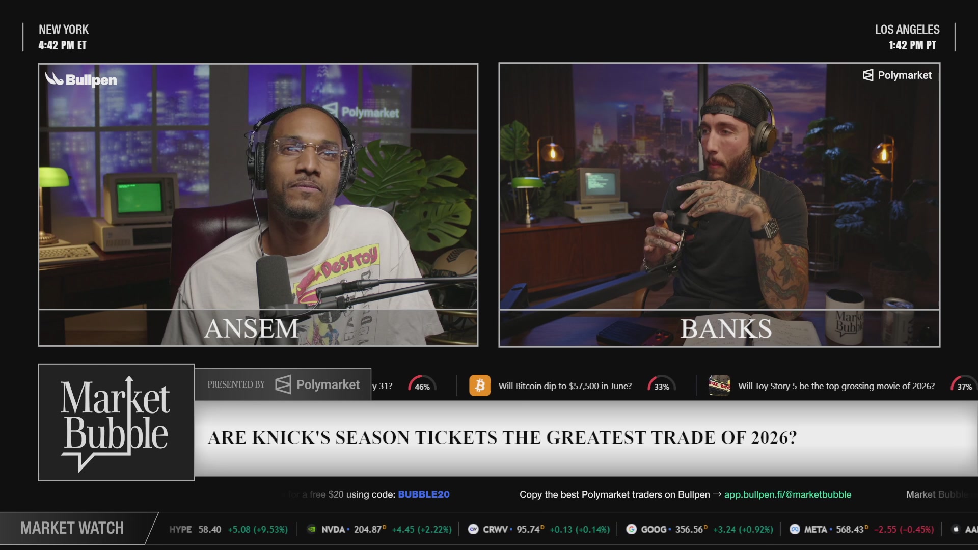 The image shows a television screen displaying two different news segments from the market bubble podcast. The first segment features an interview with a man wearing a white shirt, while the second segment has a man dressed in black talking about the current state of the market. Both segments are shown on separate screens within the same frame, and there is text overlaying them that reads "LIVE W/ ANDREW KANG, INTERN, & MTVJESSE: Market Bubble EP 6 - Presented by @Polymarket".