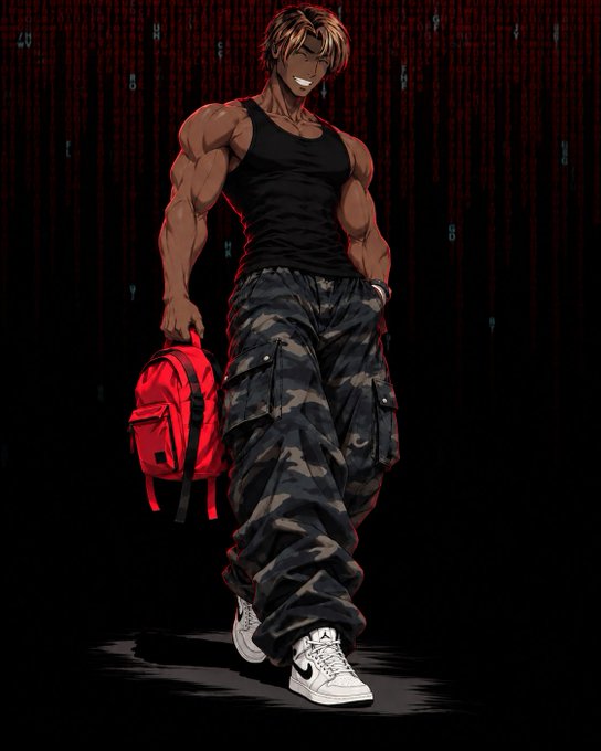 An anime-style illustration of a muscular blonde man in a black tank top and camouflage cargo pants, holding a red backpack against a Matrix-rain backdrop.
