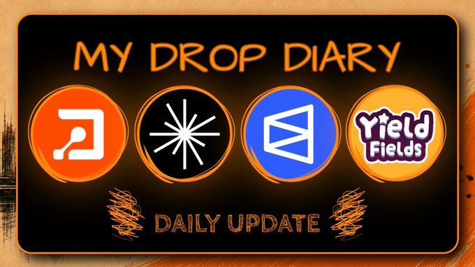 An orange and black graphic titled 'MY DROP DIARY' with 'DAILY UPDATE' at the bottom displays four app icons: Patreon, an unnamed starburst icon, an unnamed blue play button, and 'Yield Fields'.
