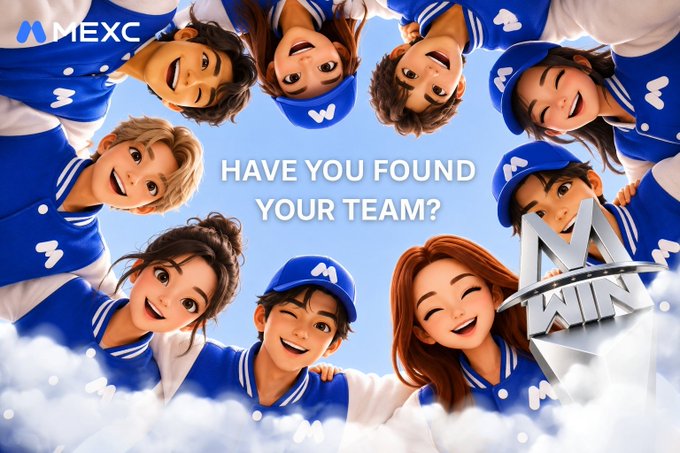 A group of cheerful anime-style characters in matching blue and white MEXC team uniforms huddle together looking down at the camera with text reading "HAVE YOU FOUND YOUR TEAM?" alongside a silver "WIN" trophy emblem and the MEXC logo, illustrating the MEXC Win campaign's team-building theme.