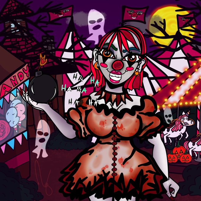 A digital illustration of a creepy clown with red hair and a ruffled orange dress holding a black ball in a Halloween-themed carnival setting with ghosts and pumpkins.
