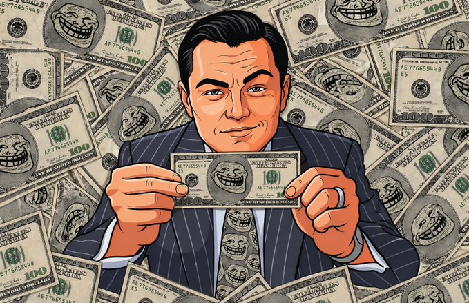 The image features a man dressed in a suit holding up a $100 bill, which has a cartoon face drawn on it. The caption of the image suggests that if the $troll were to be used as a payment currency, it would banger everyone's wallets due to its humorous and unexpected nature. This idea is not far-fetched, considering the post's title "What will happen if ?".