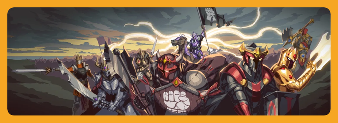 An illustration features a group of armored fantasy characters, including knights and a horned figure, standing together on a battlefield.