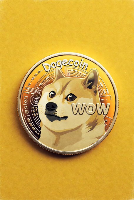 The image features a gold coin with a cartoon dog face on it, which has the words "Dogecoin" written above its head. This design choice suggests that the coin might be related to cryptocurrency or digital currency, as the dog's expression is often associated with humor and lightheartedness in popular culture.

The background of the image is yellow, which contrasts nicely with the gold color of the coin. The text "Dogecoin" is clearly visible on the coin, indicating its connection to the Dogecoin cryptocurrency.