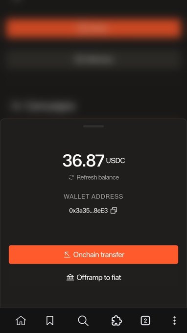 A mobile cryptocurrency wallet interface shows a balance of 36.87 USDC, a wallet address, and buttons for 'Onchain transfer' and 'Offramp to fiat'.