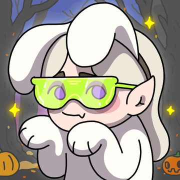 A cartoon Halloween character with white hair and glowing green goggles covers its mouth while surrounded by pumpkins, dark trees, and yellow sparkles.