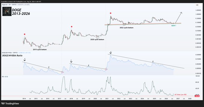 A TradingView chart titled "DOGE 2013-2026" on the USD pair shows Dogecoin price action across three historical cycle bottoms (2015, 2020, and 2022) marked with red dots and horizontal support lines, with a "NOW!" annotation indicating the current level. Below the price chart, a DOGE/NVIDIA Ratio indicator displays a descending channel pattern highlighting extreme lows, and the RSI indicator at the bottom reads approximately 43.52 with a note marking "13 Years Low RSI"—visually supporting the post's claim that DOGE has hit a historical extreme at its long-term cycle bottom.