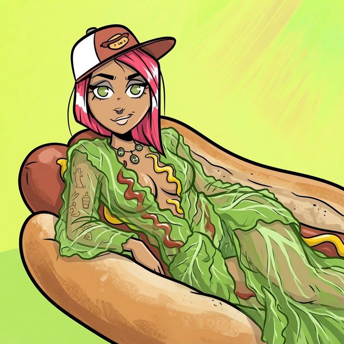 A colorful cartoon illustration of a pink-haired girl wearing a brown cap and a lettuce-themed dress, lounging on a hot dog-shaped chair.