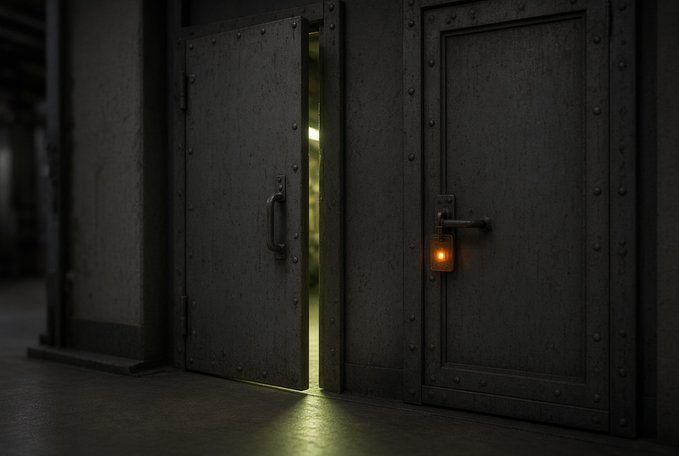 Heavy dark metal doors, one slightly ajar with a warm yellow light glowing from the gap, and a small illuminated indicator light on the lock mechanism.
