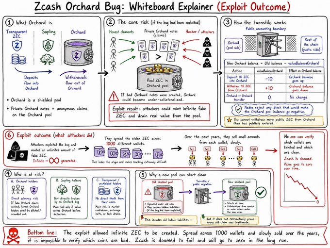 The image features a whiteboard explaining the risks associated with using coins that were exposed to the Orchard bug before its patch. The diagram illustrates the various forms of exploitation, such as stolen data, compromised accounts, and distributed malware, which could have spread across millions of wallets in the worst-case scenario. The post suggests that these vulnerabilities might still exist and raises questions about how they could be exploited if exposed again, emphasizing the need for caution with Zcash as a high-risk coin.