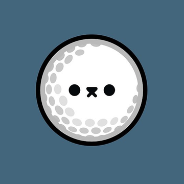 A simple digital illustration of a golf ball with a cute, minimalist face featuring two black eyes and a small nose, set against a solid blue background.