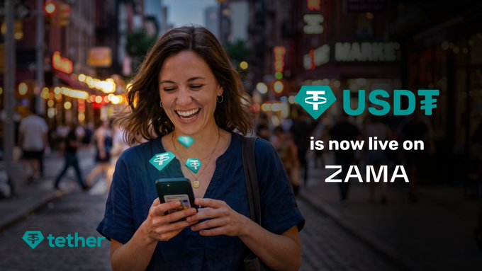 A smiling woman uses her smartphone on a busy city street, with Tether USDT logos hovering around her. The image promotes the announcement that "USD₮ is now live on ZAMA," highlighting Tether's integration with the Zama platform.