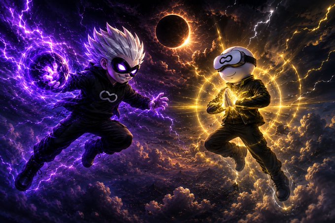A dramatic fantasy illustration showing two masked figures with glowing purple and gold energy auras facing each other against a cosmic sky with a solar eclipse and lightning.