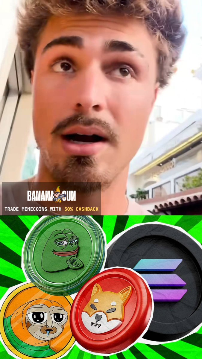 A close-up video screenshot of a young man with curly hair is above an advertisement banner for 'BANANA GUN' stating 'TRADE MEMECOINS WITH 30% CASHBACK,' alongside illustrations of meme coins.