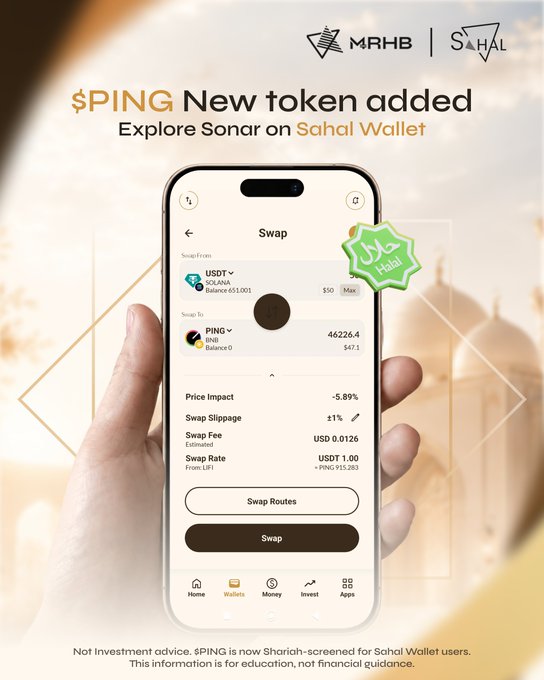 Promotional graphic for '$PING New token added' on Sahal Wallet, showing a mobile swap interface exchanging USDC for PING token, branded with MRHB and Sahal logos.