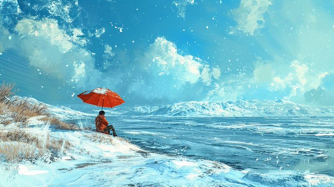 A person sits under a red umbrella on a snowy landscape, gazing out at a vast icy ocean under a blue, cloudy sky.