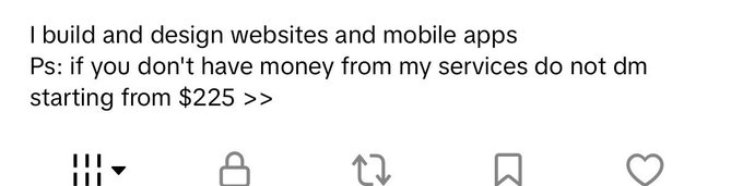 The image shows a TikTok bio that reads "I build and design websites and mobile apps, starting from $225," with a postscript directing those without budget not to DM. The caption about sieving out clients aligns with the bio's blunt disclaimer aimed at filtering out budget-less inquiries.