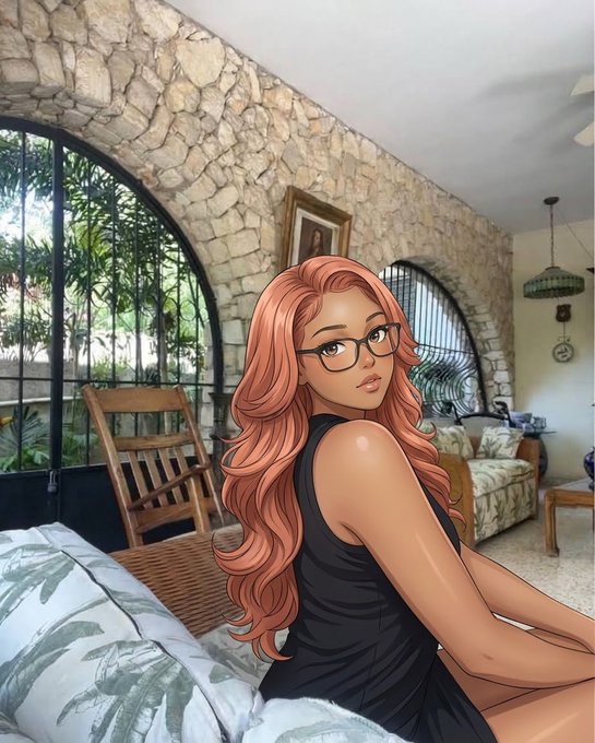 A stylized digital illustration of a young woman with long orange-red hair and glasses wearing a black sleeveless top, set in a stone-walled room with arched windows.