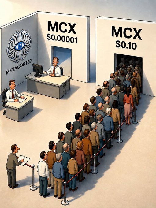 A satirical illustration showing a long line of people queued at a counter labeled 'MCX $0.10' while a single clerk sits idle at an empty 'MCX $0.00001 METACORTEX' booth with a brain-eye logo.