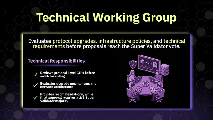 A slide titled "Technical Working Group" outlines the group's role in evaluating protocol upgrades, infrastructure policies, and technical requirements before proposals reach a Super Validator vote, listing key responsibilities such as reviewing protocol-level CIPs, evaluating upgrade mechanisms, and providing recommendations requiring a 2/3 Super Validator majority. The accompanying post highlights the group's scope over protocol standards, upgrade procedures, infrastructure policy, and network participation requirements, aligning directly with the slide's depiction of the Technical Working Group's pre-vote evaluation process.