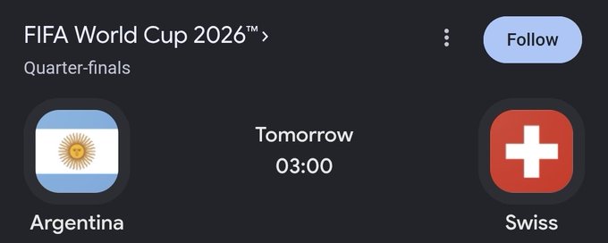 The image displays a FIFA World Cup 2026 Quarter-finals match notification between Argentina and Switzerland scheduled for tomorrow at 03:00, appearing to be a reminder post encouraging followers to predict the exact score for a chance to win $3,000.