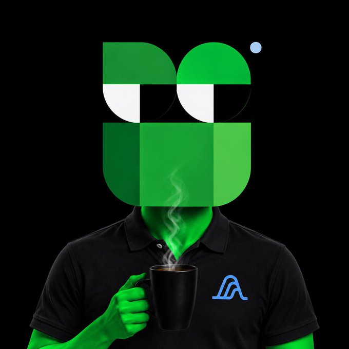 A digital illustration of a person wearing a black polo shirt holding a steaming black mug, with a green geometric logo replacing their head and the Alephium logo on their chest.