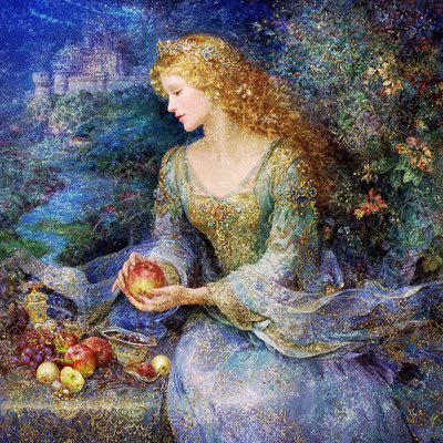 A richly detailed painting of a golden-haired woman in an ornate gown holding a red apple, with a castle visible in the misty background and a spread of fruit before her, resembling pre-Raphaelite art.