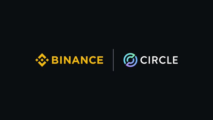 The image features the logos of Binance (in yellow) and Circle (with a blue-purple gradient emblem) side by side on a dark background, visually representing the partnership announced in the post where Binance is investing $100M in Circle and extending their collaboration for five years to advance regulated stablecoins.