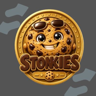 A gold coin emblem featuring a smiling chocolate chip cookie character wearing sunglasses, with the bold text "STONKIES" displayed below it on a dark background. The image serves as the official mascot and logo for the $STONKIES memecoin, visually reinforcing its fun, meme-driven branding as highlighted in the promotional post.