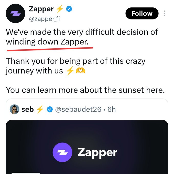 A tweet from verified crypto platform Zapper (@zapper_fi) announces the shutdown of the company with the message, "We've made the very difficult decision of winding down Zapper. Thank you for being part of this crazy journey with us," linking to further details about the sunset, which aligns with the post highlighting Zapper as the latest crypto project to close its services.