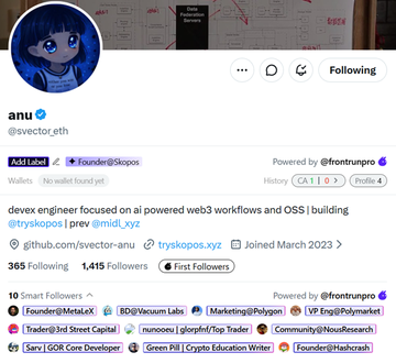 A Twitter profile screenshot of @svector_eth (anu), a "devex engineer" focused on AI-powered web3 workflows, showing 365 Following and 1,415 Followers, with listed roles including Founder@MetaLFX, DevRel@1kx, and roles at Sora and Green Pill. The post highlights their latest project, Tryskopos, an AI copilot for cross-chain DeFi built by @svector_eth that executes commands like "swap ETH to USDC on Base then bridge to Solana" across 25+ chains.