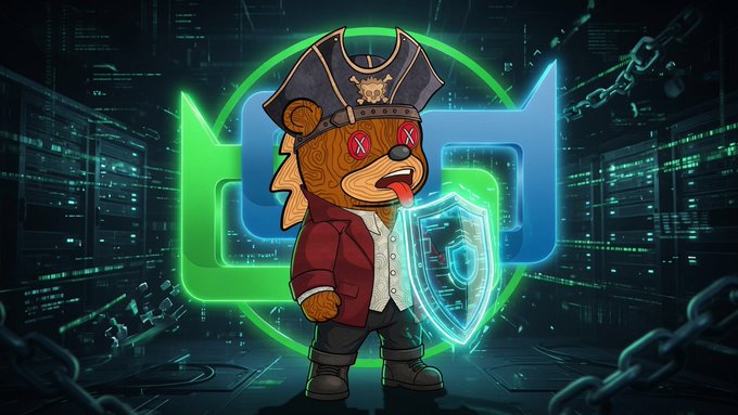 A cartoon bear pirate with a red coat, captain's hat, and tongue sticking out stands in front of a glowing green neon logo that reads "BDX," holding a futuristic shield — visually representing BeldexCoin (@BeldexCoin) as a defender of online privacy against data tracking.