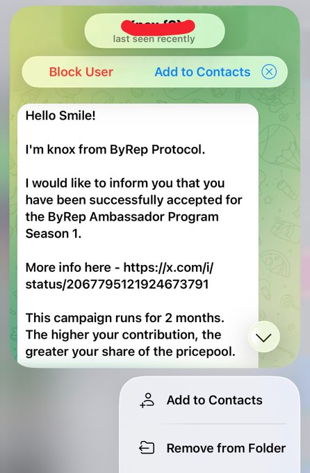 The image shows a screenshot of an email conversation between two people who are discussing something related to a messaging app called @ByRepProtocol. The person sending the email is from a ByRep Protocol user account, and they have been accepted into the Ambassador Program for Season 1. During their conversation, they are asking questions about how to make donations on this platform. There are also attachments in the form of images that provide additional information about the app and its features.
