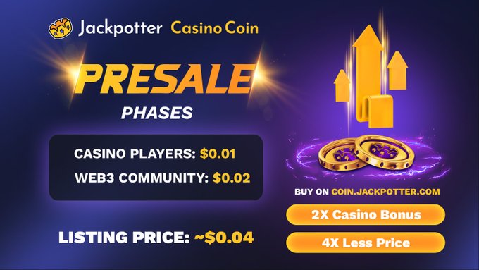 Promotional graphic for Jackpotter Casino Coin presale, showing prices for Casino Players ($0.01), Web3 Community ($0.02), and a listing price of ~$0.04, with notes for a 2X Casino Bonus and 4X Less Price at coin.jackpotter.com.