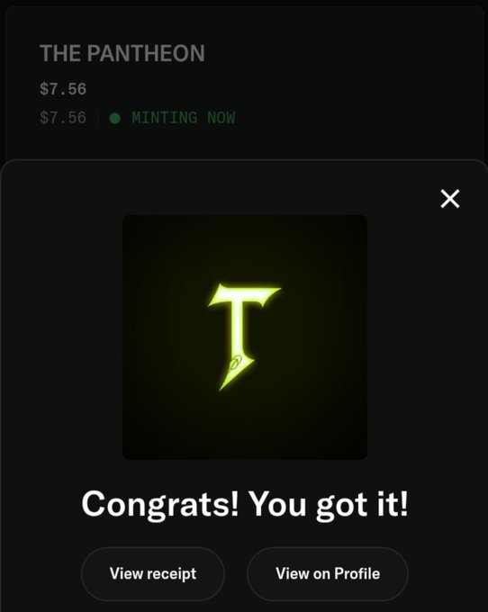 A mobile app screenshot celebrating a successful NFT purchase titled 'THE PANTHEON' for $7.56, showing a yellow glowing 'T' emblem and the message 'Congrats! You got it!'.