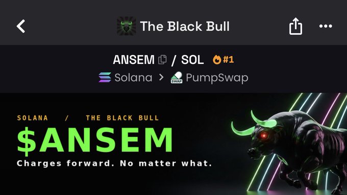 The image displays a crypto token page on PumpSwap for "$ANSEM" on the Solana network, titled "The Black Bull" and ranked #1 (ANSEM/SOL), featuring a glowing neon green-eyed black bull graphic with the tagline "Charges forward. No matter what."

The image visually reinforces the post's argument about $ANSEM gaining attention and potentially surging like $BONK did, with the charging bull imagery symbolizing bullish momentum and the #1 ranking suggesting it's at the forefront of market attention.