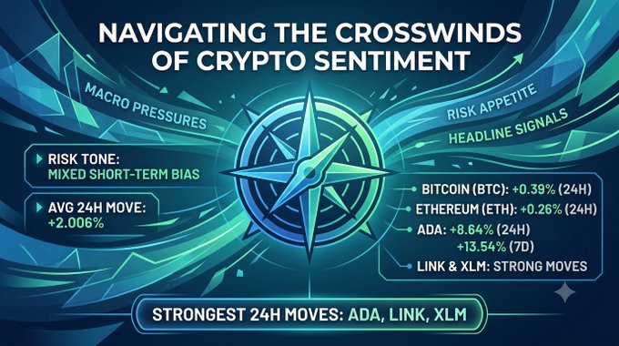 A crypto market dashboard titled 'NAVIGATING THE CROSSWINDS OF CRYPTO SENTIMENT' showing risk tone as mixed short-term bias, average 24h move at +2.006%, with BTC +0.39%, ETH +0.26%, ADA +8.64%, and strongest moves in ADA, LINK, and XLM.