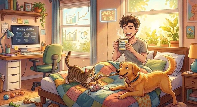 The image features a man sitting in bed next to his dog, while holding a coffee cup. A cat is also present in the scene, playing with a toy mouse near the bed. The background shows a desk area with a computer monitor on top of it. The caption for this image reads "Good morning X family! Building smarter connections with @NomismaNetwork Smoother journeys with @useTria."