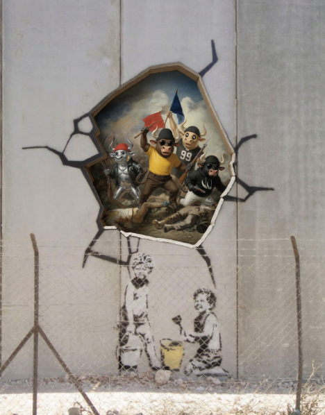 Street art on a concrete wall depicting a cracked opening revealing a parody of Eugene Delacroix's 'Liberty Leading the People', with cartoon characters as the revolutionaries, and stenciled figures of a child being washed below.