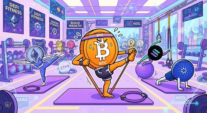 A colorful cartoon illustration of a Bitcoin gym where various crypto coins like ETH and Solana are working out on yoga mats and with weights under signs reading 'DEFI FITNESS' and 'HODL'.