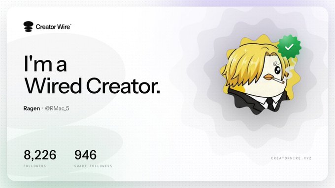 A Creator Wire profile card reading “I’m a Wired Creator,” attributed to Ragen / @RMac_5, with 8,226 followers and 946 smart followers, alongside an illustrated verified character.