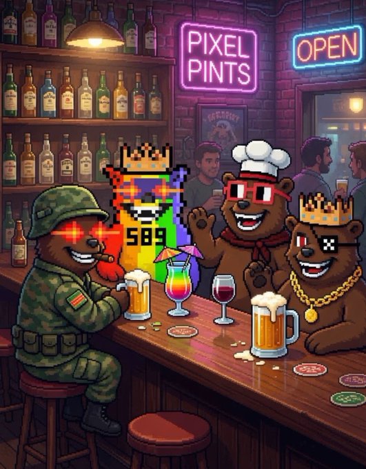 The image features a bar scene with three cartoon bears sitting at a wooden table, enjoying drinks and snacks. The first bear has a beer in front of him, while the other two bears are holding wine glasses. There are also several bottles on the table, indicating that they have been drinking. A neon sign reading "PIXEL PINS" is visible above them, suggesting this could be an art project or a digital illustration related to pixel art. The post also mentions Bitcoin and BearXRPL, which might be related to the bear characters in the image.
