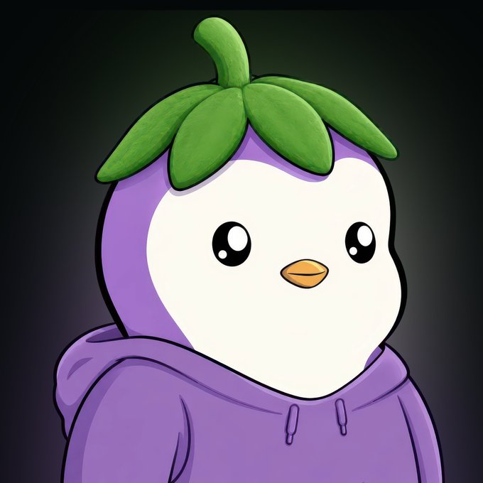 A cartoon penguin-like character with a white face, big glossy eyes, an orange beak, and green leaf-like hair, wearing a purple hoodie against a dark background — the adorable mascot representing the $PENGU cryptocurrency token, which the post suggests is looking bullish.