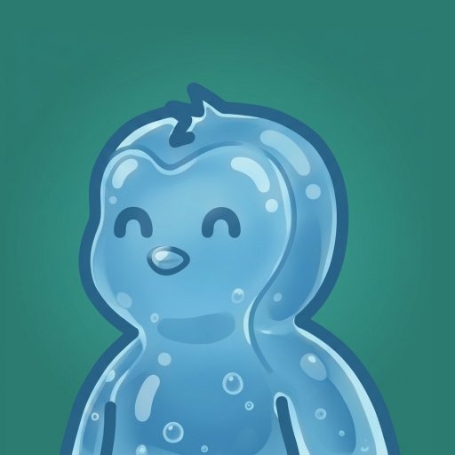 A cute cartoon illustration of a translucent blue gummy bear character with a smiling face against a teal background.