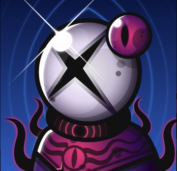 A dark, stylized digital illustration of an astronaut-like character with a white helmet featuring a black 'X' across the faceplate, a large glowing pink/red eye-like sphere on the side, and dark purple tentacle-like appendages extending from the body against a dark blue background.