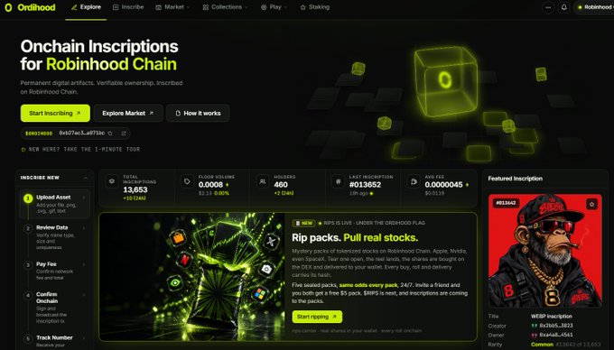 A screenshot of the Onchain.io website advertising 'Onchain Inscriptions for Robinhood Chain' with stats showing 13,653 total inscriptions and a featured #WESP inscription.